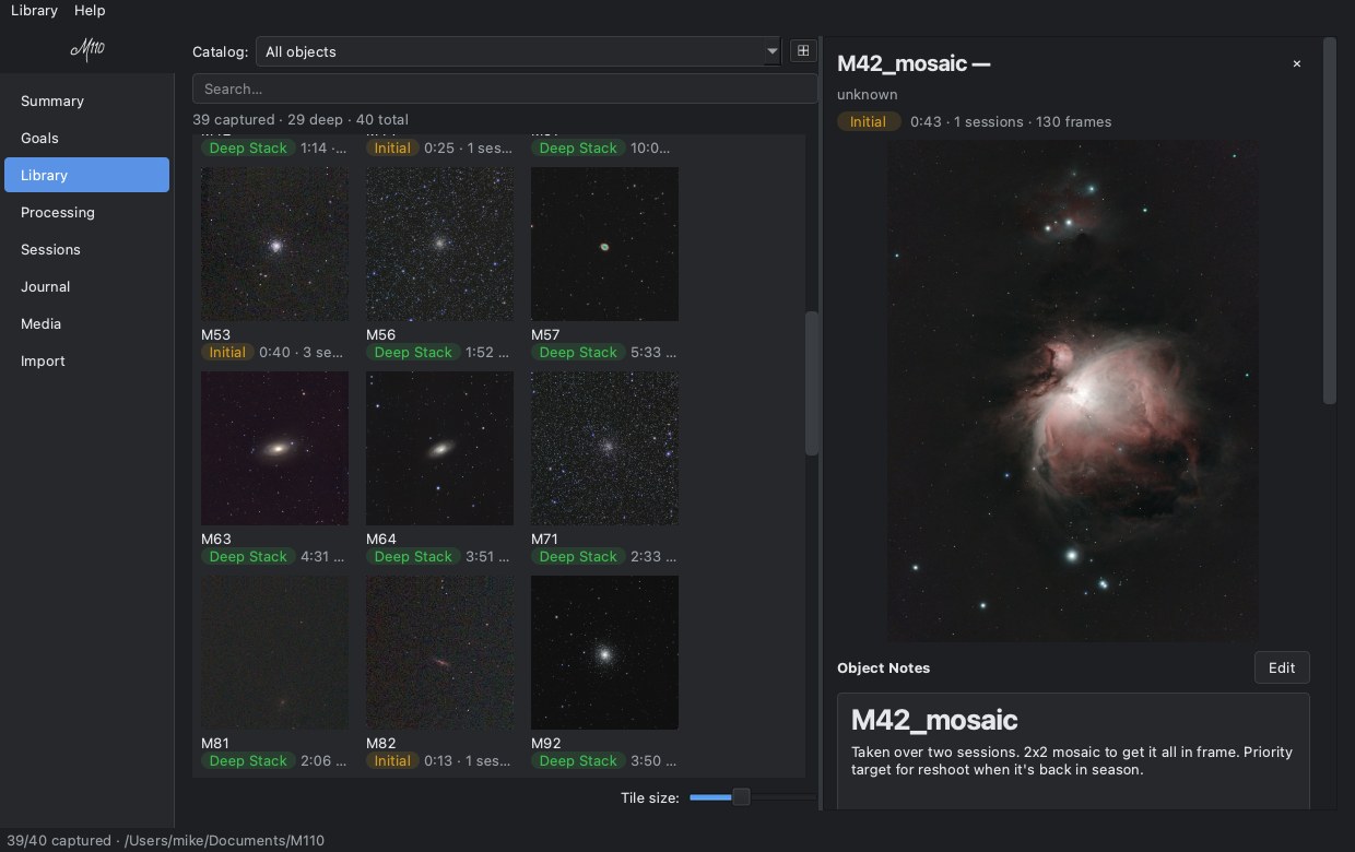M110 object detail — an Orion Nebula mosaic hero with capture stats and notes