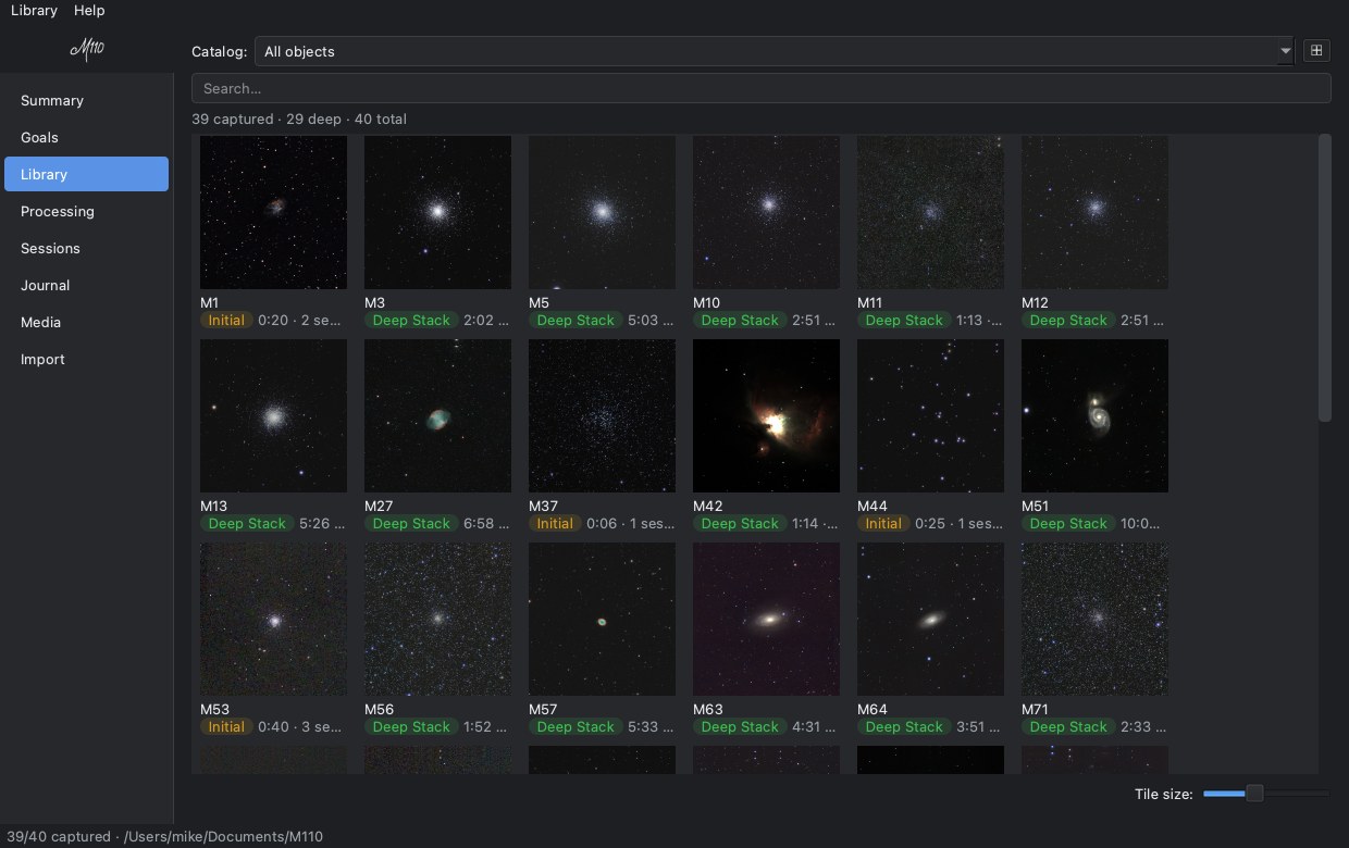 M110's Library grid — a gallery of deep-sky captures with status chips and integration times